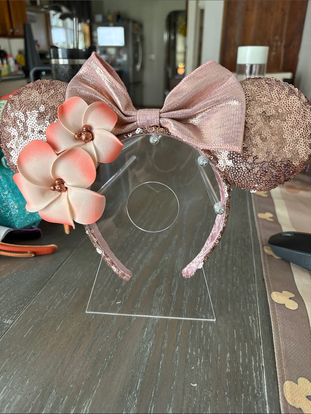 Disney parks AULANI  Gold Sequin Ears Headband with Pink Bow and Floral Accents